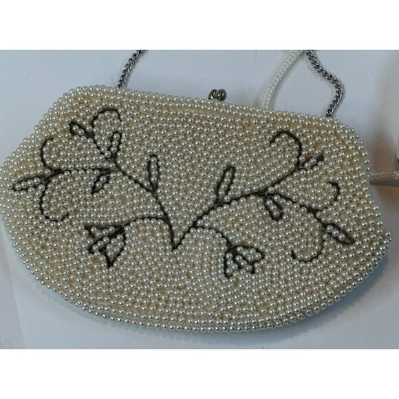 VTG Beaded Evening Clutch Bags Set of 2 White & Cream Floral + Geometric Purses - Picture 6 of 10